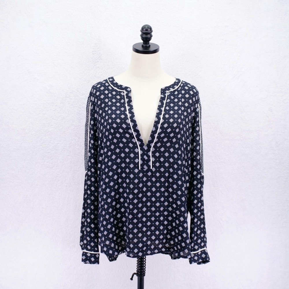 Ann Taylor Loft -Large- Blue Sheer Blouse Top V-Neck Geometric Long Sleeve Polye